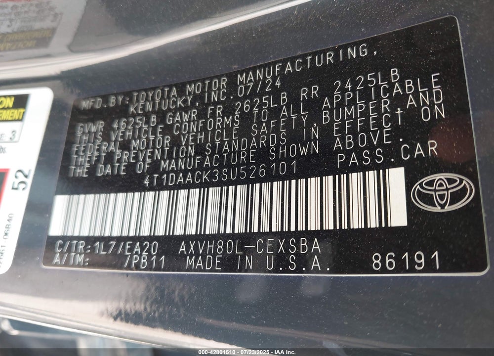 2025 TOYOTA CAMRY VIN: 4T1DAACK3SU526101