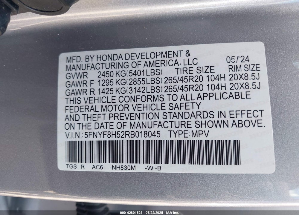 2024 HONDA PASSPORT AWD EX-L VIN: 5FNYF8H52RB018045