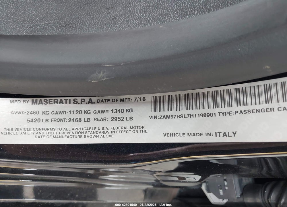 2017 MASERATI GHIBLI VIN: ZAM57RSL7H1198901