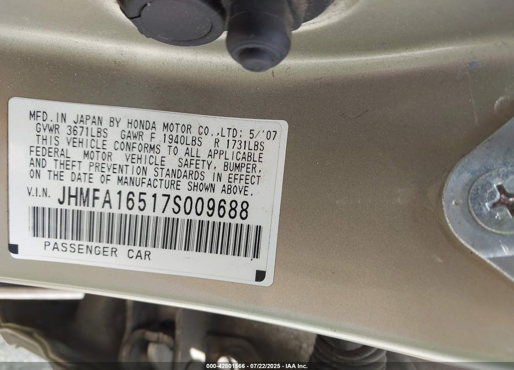 2007 HONDA CIVIC VIN: JHMFA16517S009688