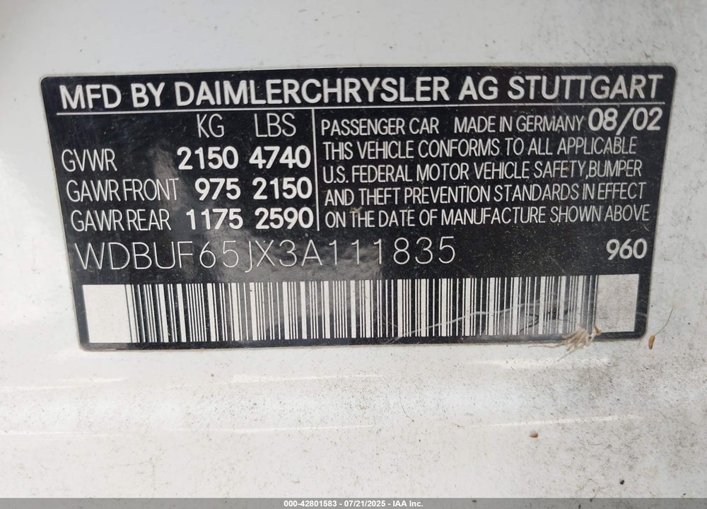 2003 MERCEDES-BENZ E 320 VIN: WDBUF65JX3A111835