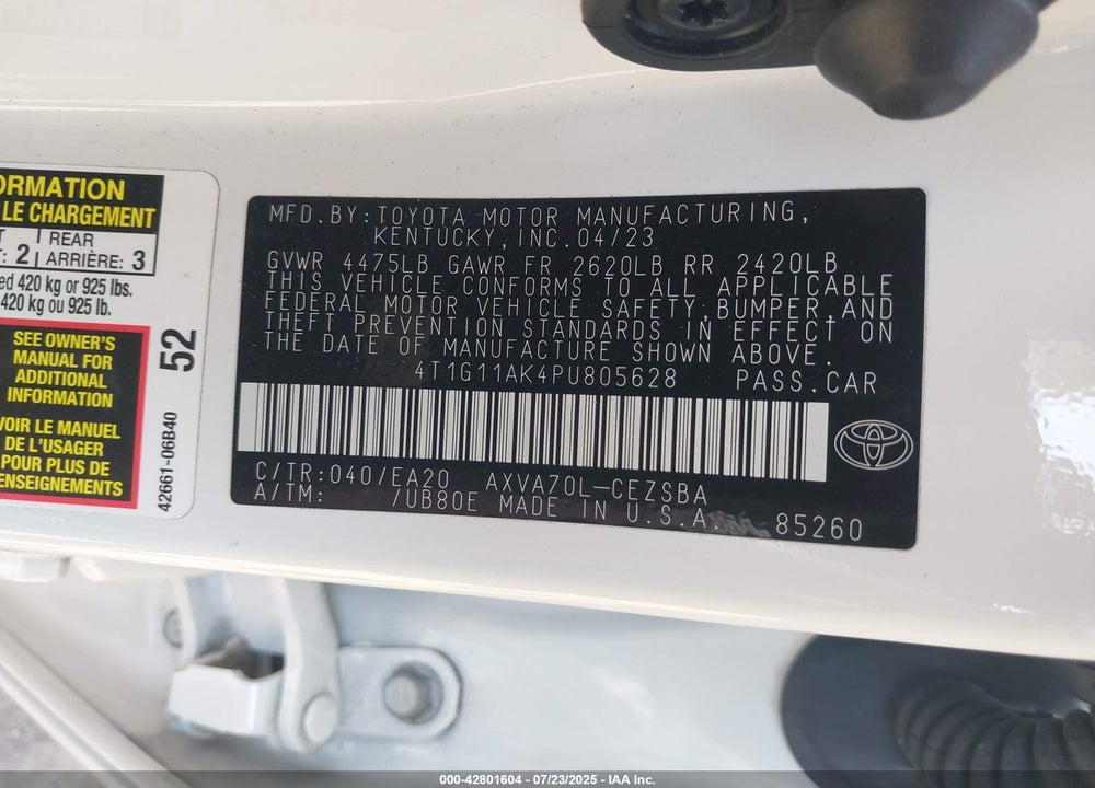 2023 TOYOTA CAMRY VIN: 4T1G11AK4PU805628