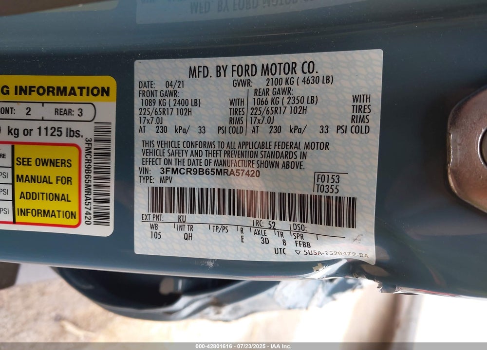2021 FORD BRONCO SPORT VIN: 3FMCR9B65MRA57420