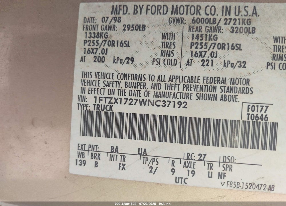 1998 FORD F-150 STANDARD/XL/XLT VIN: 1FTZX1727WNC37192
