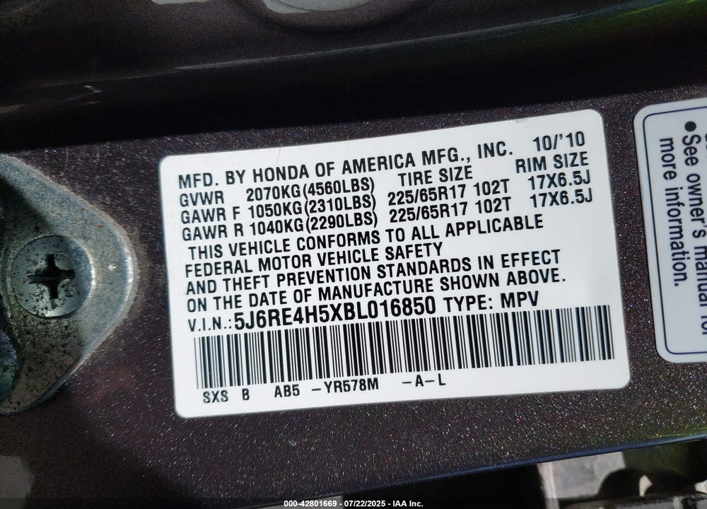 2011 HONDA CR-V VIN: 5J6RE4H5XBL016850