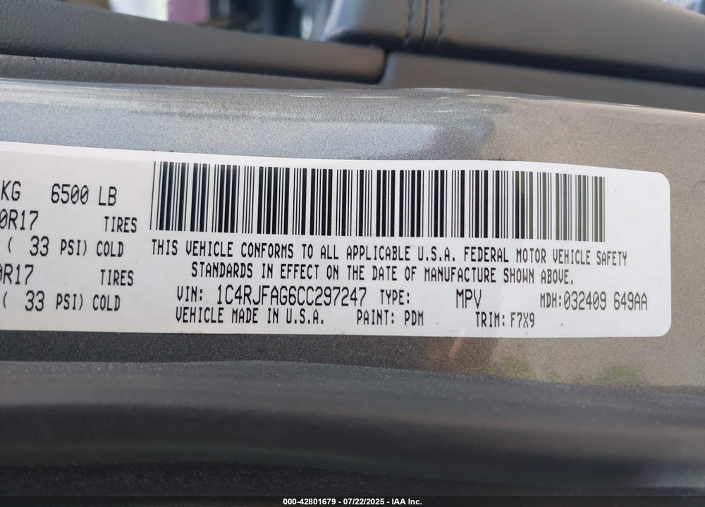 2012 JEEP GRAND CHEROKEE VIN: 1C4RJFAG6CC297247