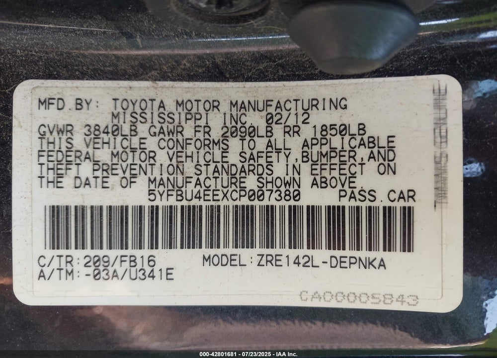 2012 TOYOTA COROLLA VIN: 5YFBU4EEXCP007380