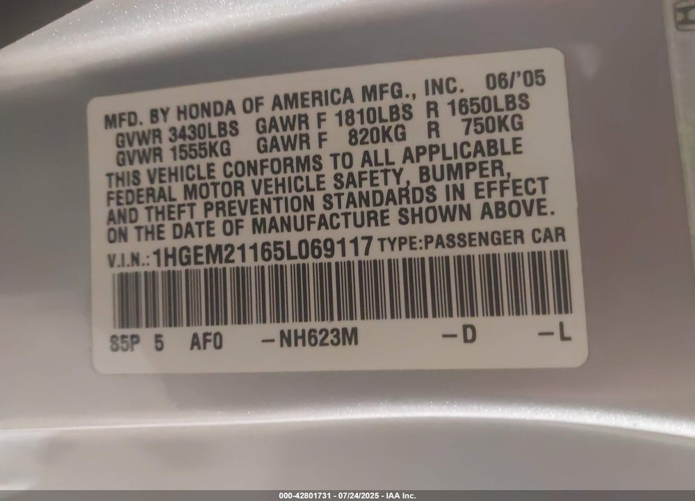 2005 HONDA CIVIC VP VIN: 1HGEM21165L069117