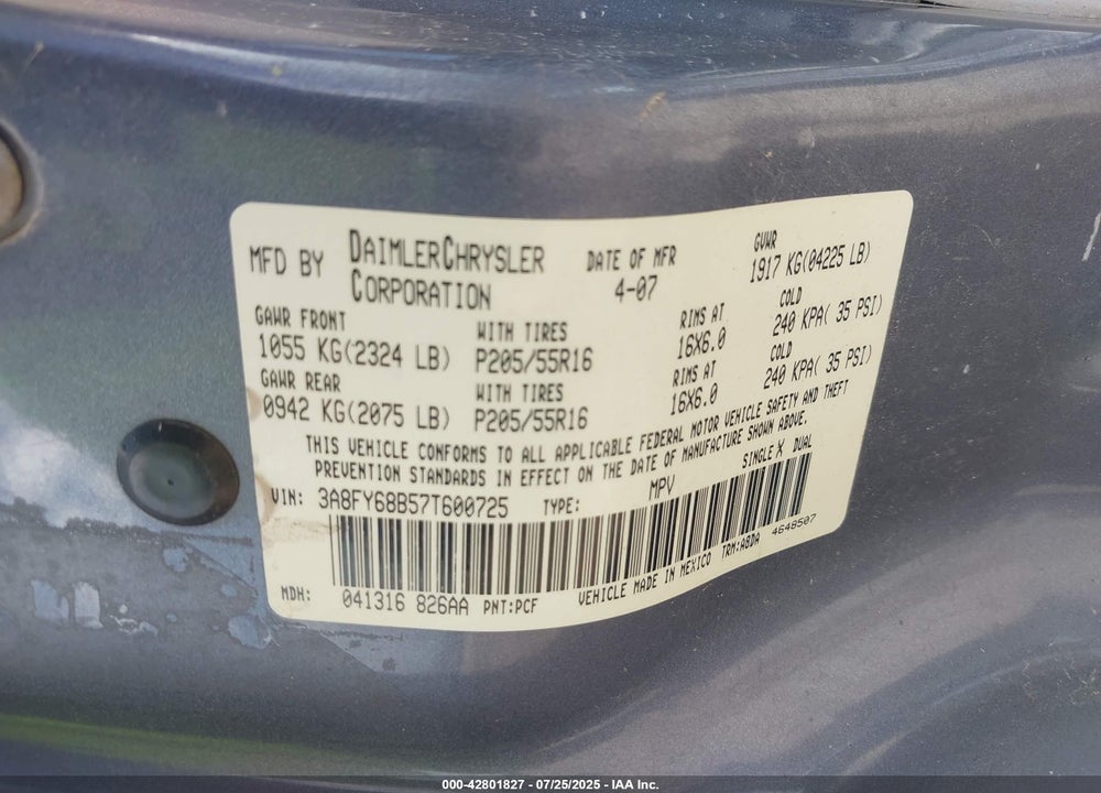 2007 CHRYSLER PT CRUISER VIN: 3A8FY68B57T600725