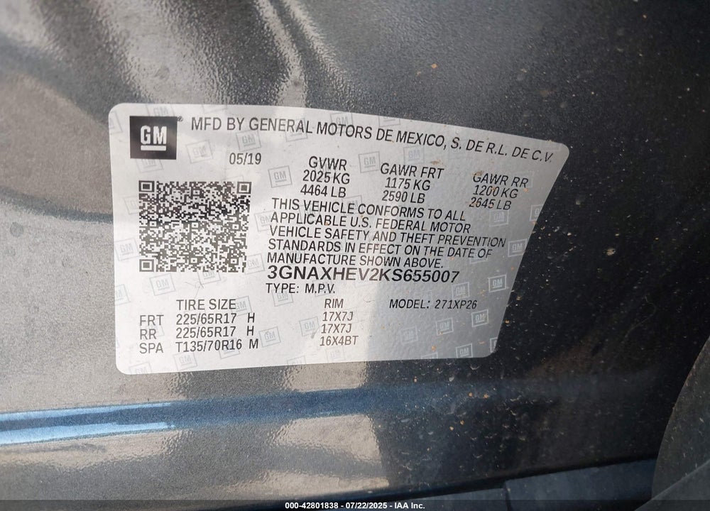 2019 CHEVROLET EQUINOX VIN: 3GNAXHEV2KS655007