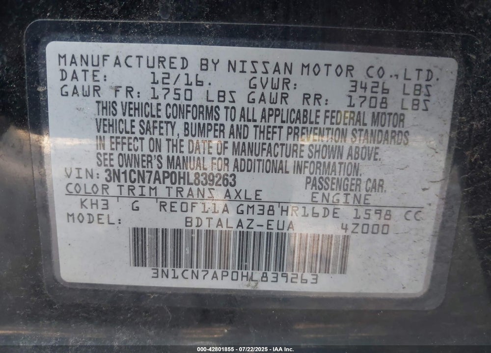 2017 NISSAN VERSA VIN: 3N1CN7AP0HL839263