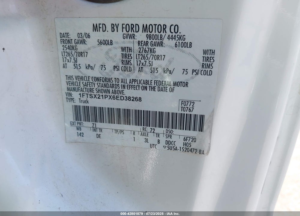 2006 FORD F-250 VIN: 1FTSX21PX6ED38268