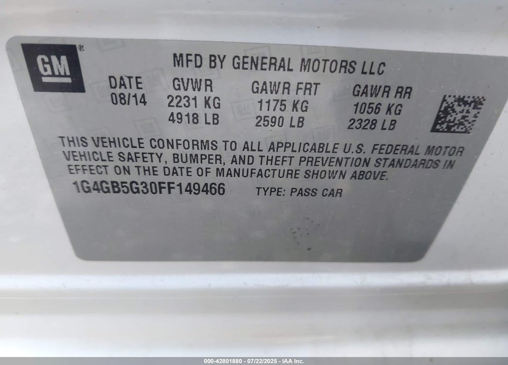 2015 BUICK LACROSSE VIN: 1G4GB5G30FF149466