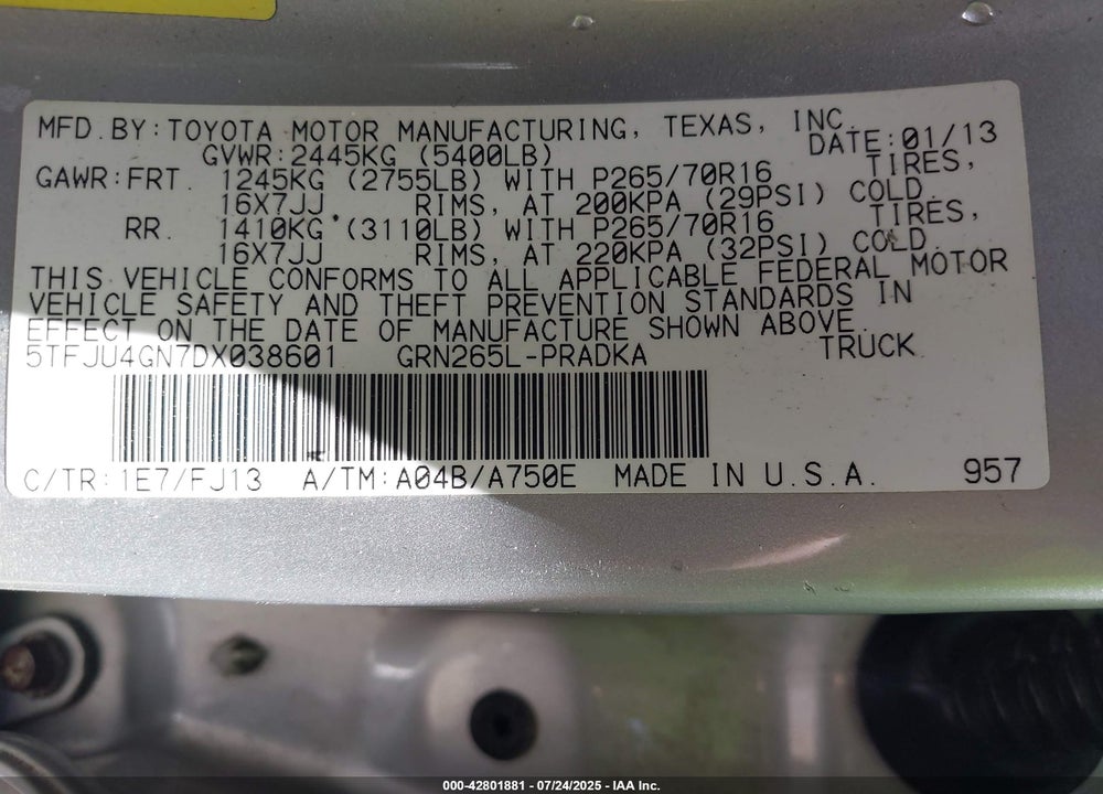 2013 TOYOTA TACOMA VIN: 5TFJU4GN7DX038601