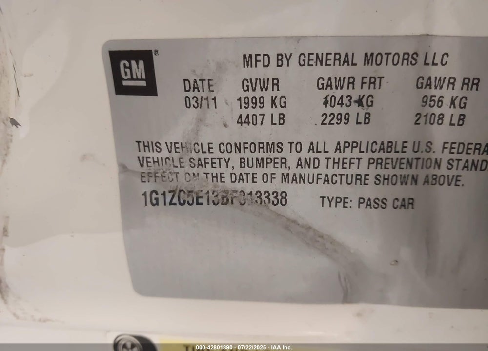 2011 CHEVROLET MALIBU VIN: 1G1ZC5E13BF313338