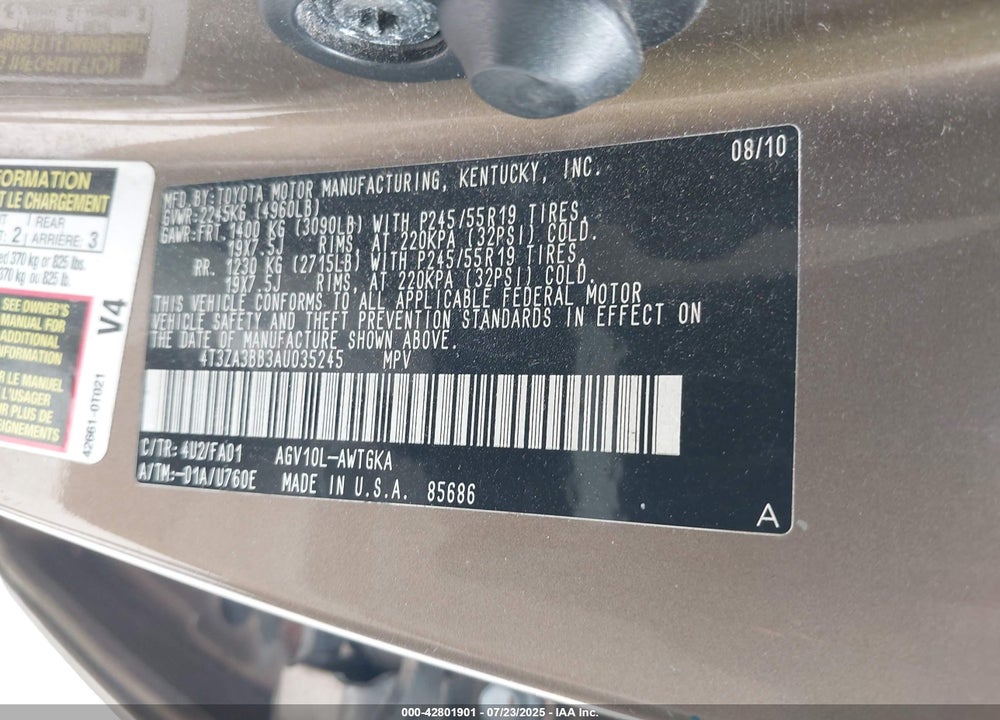 2010 TOYOTA VENZA VIN: 4T3ZA3BB3AU035245