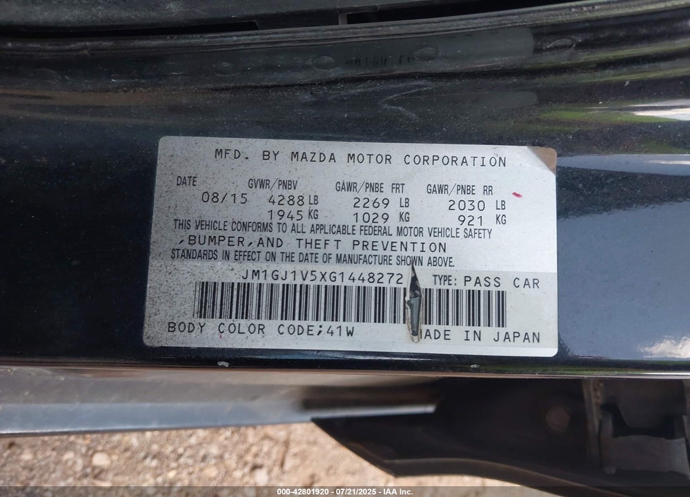 2016 MAZDA 6 VIN: JM1GJ1V5XG1448272