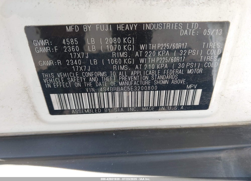 2014 SUBARU OUTBACK VIN: 4S4BRBAC5E3200800