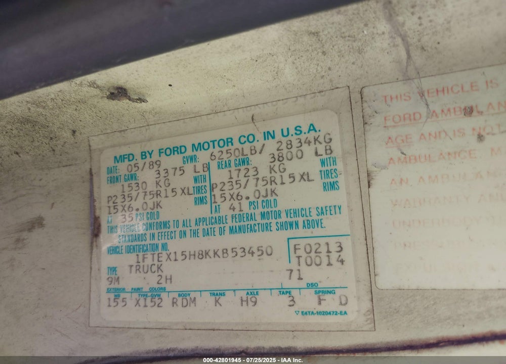 1989 FORD F150 VIN: 1FTEX15H8KKB53450