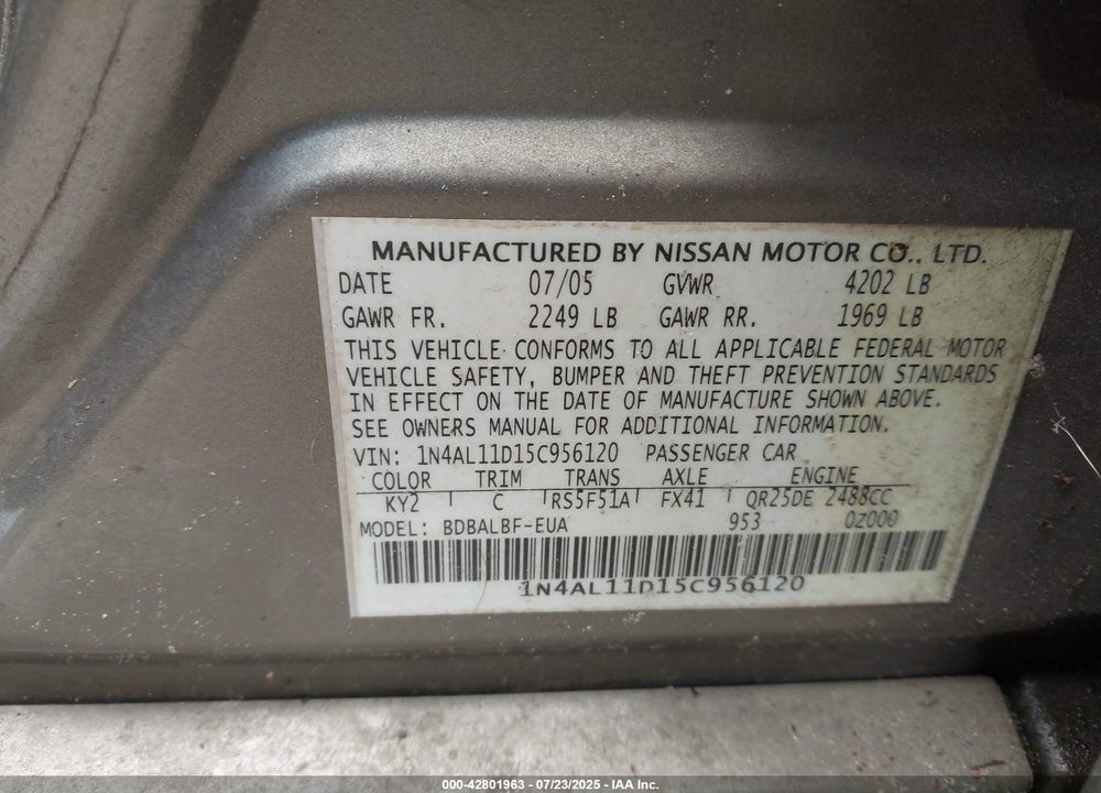 2005 NISSAN ALTIMA 2.5 S VIN: 1N4AL11D15C956120