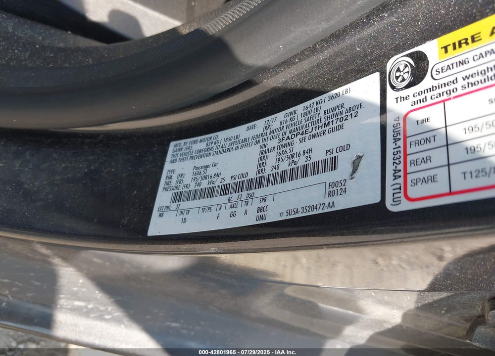 2017 FORD FIESTA VIN: 3FADP4EJ1HM170212
