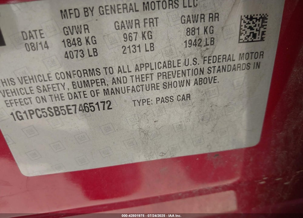 2014 CHEVROLET CRUZE VIN: 1G1PC5SB5E7465172