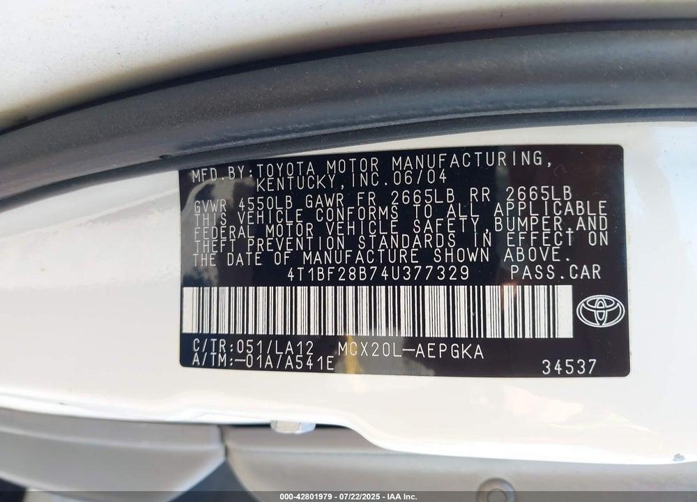 2004 TOYOTA AVALON XLS VIN: 4T1BF28B74U377329