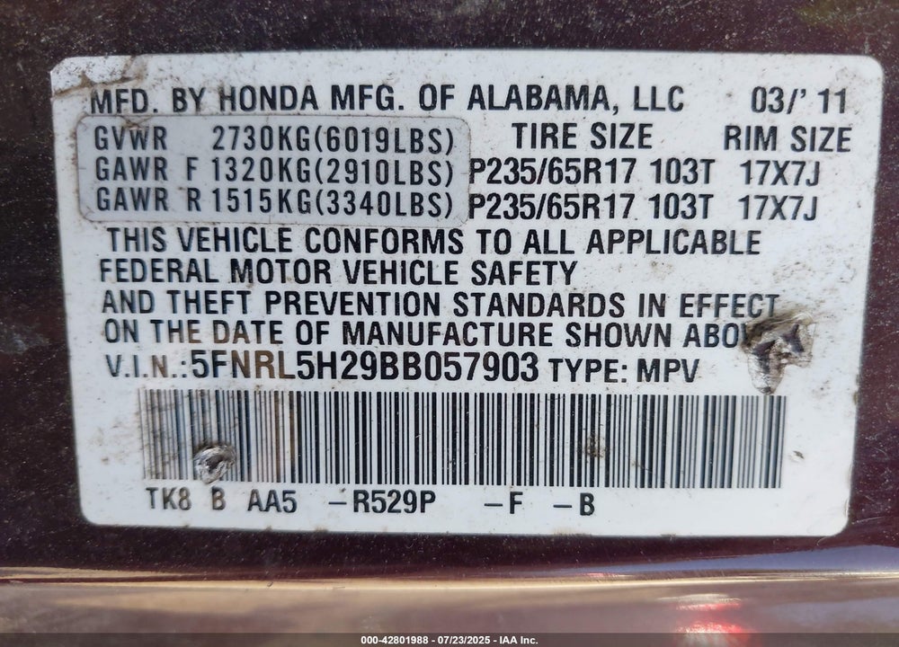 2011 HONDA ODYSSEY LX VIN: 5FNRL5H29BB057903