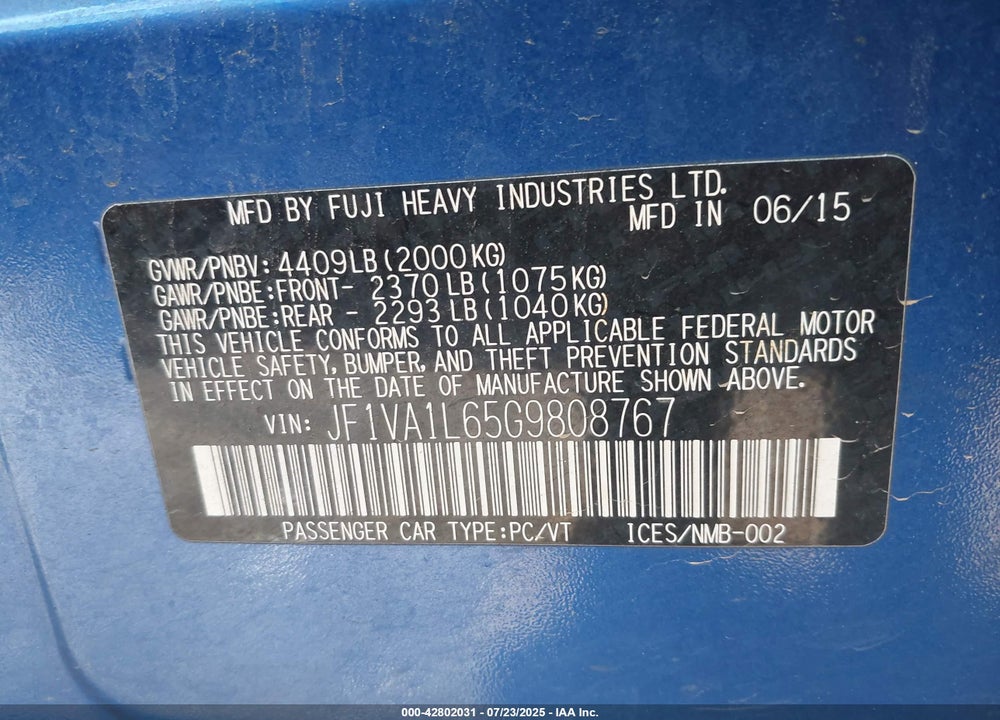 2016 SUBARU WRX VIN: JF1VA1L65G9808767
