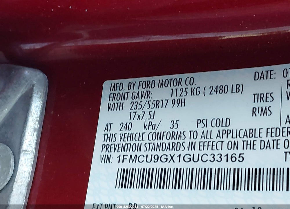2016 FORD ESCAPE VIN: 1FMCU9GX1GUC33165