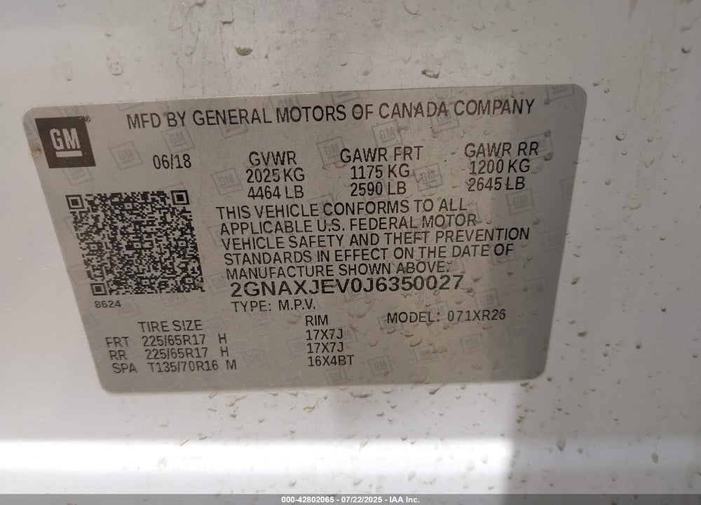 2018 CHEVROLET EQUINOX VIN: 2GNAXJEV0J6350027