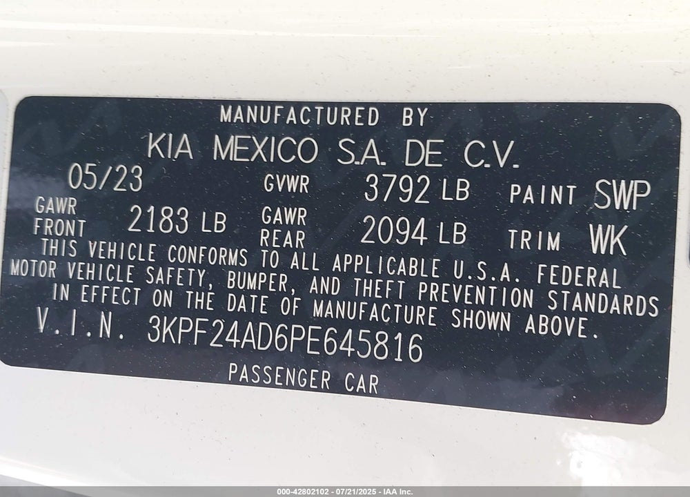 2023 KIA FORTE VIN: 3KPF24AD6PE645816