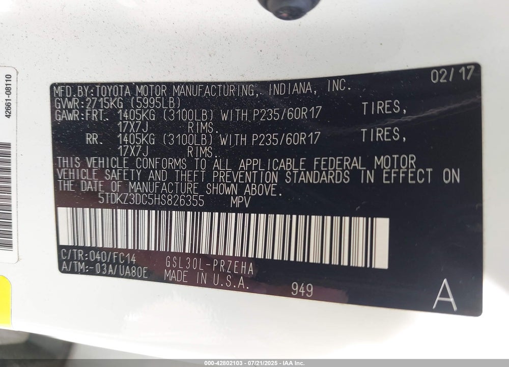 2017 TOYOTA SIENNA LE 8 PASSENGER VIN: 5TDKZ3DC5HS826355