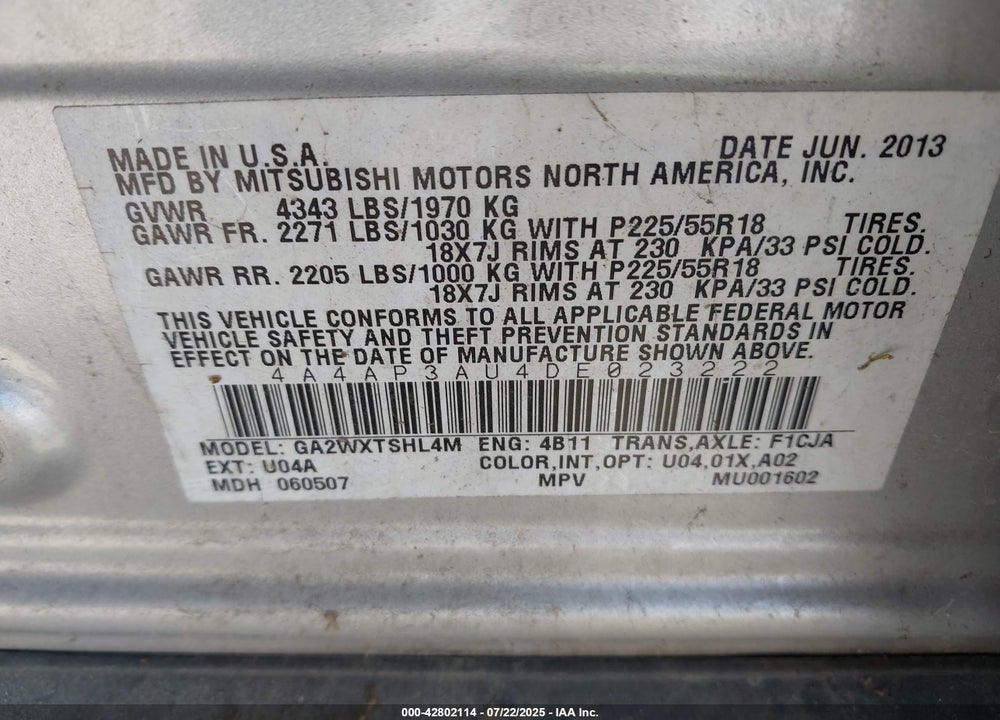 2013 MITSUBISHI OUTLANDER SPORT VIN: 4A4AP3AU4DE023222