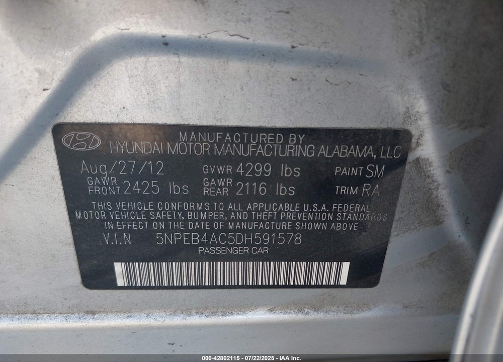 2013 HYUNDAI SONATA VIN: 5NPEB4AC5DH591578