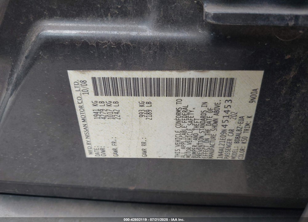 2009 NISSAN ALTIMA VIN: 1N4AL21E09N451453