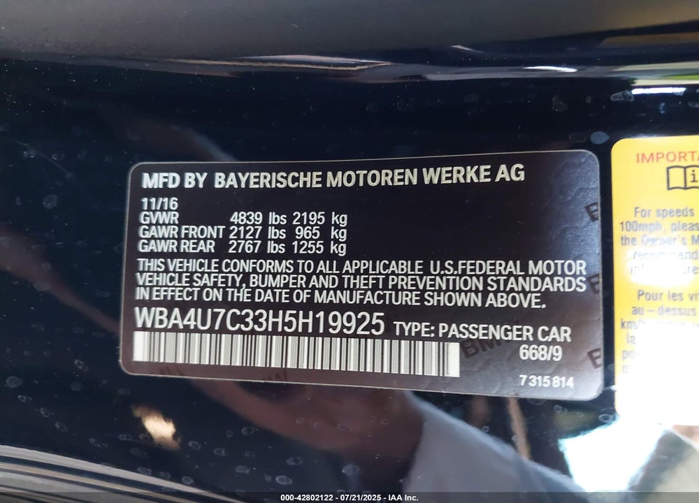 2017 BMW 4 SERIES VIN: WBA4U7C33H5H19925