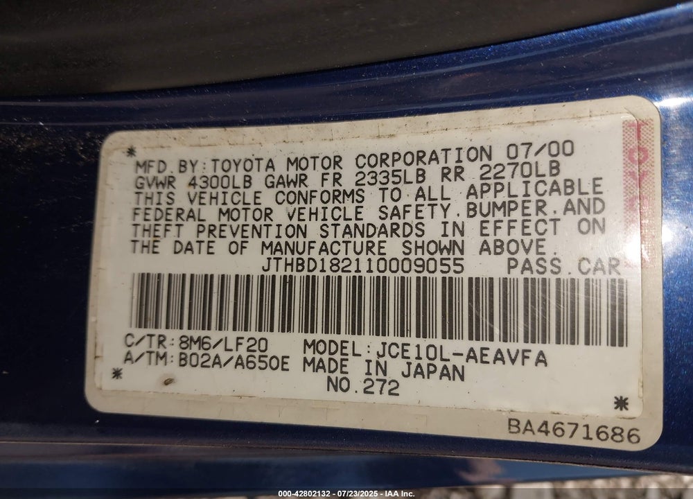 2001 LEXUS IS 300 VIN: JTHBD182110009055