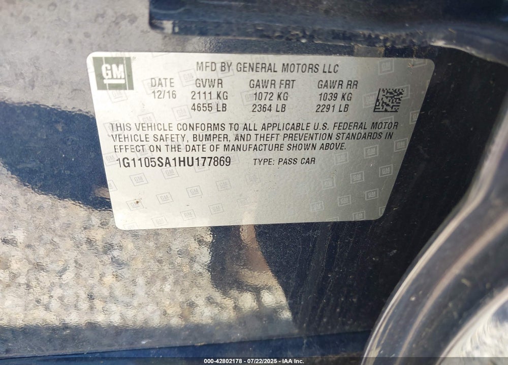 2017 CHEVROLET IMPALA VIN: 1G1105SA1HU177869