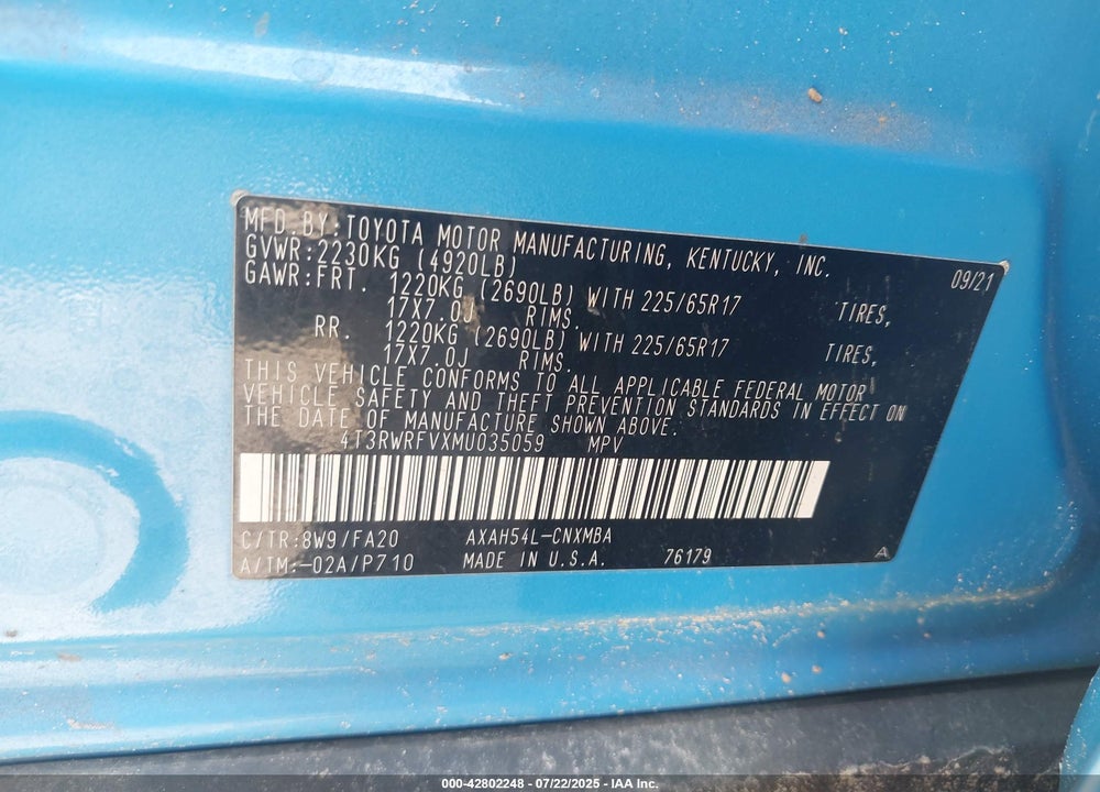 2021 TOYOTA RAV4 HYBRID VIN: 4T3RWRFVXMU035059