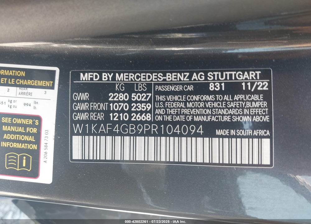 2023 MERCEDES-BENZ C CLASS VIN: W1KAF4GB9PR104094