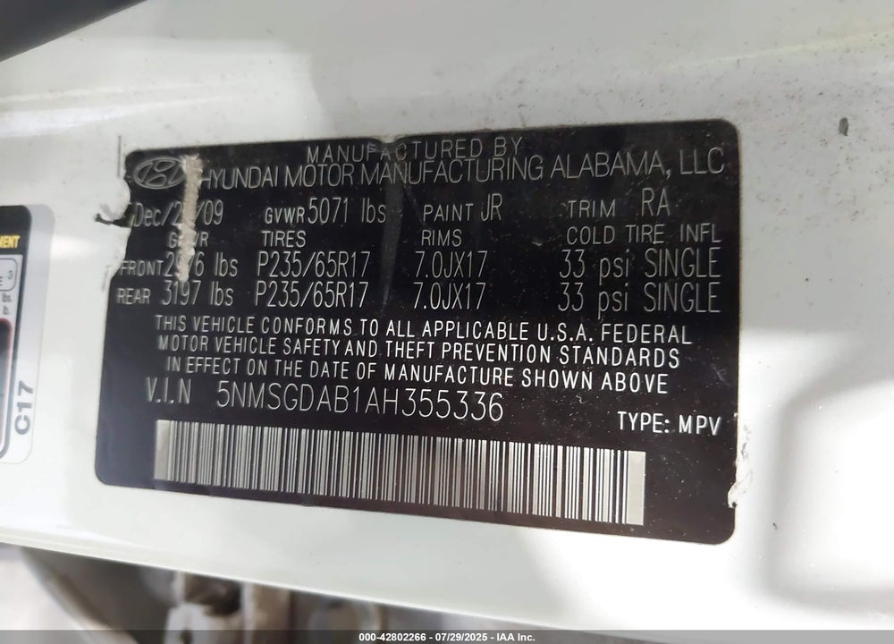 2010 HYUNDAI SANTA FE GLS VIN: 5NMSGDAB1AH355336