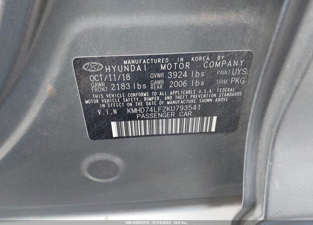 2019 HYUNDAI ELANTRA VIN: KMHD74LF2KU793541
