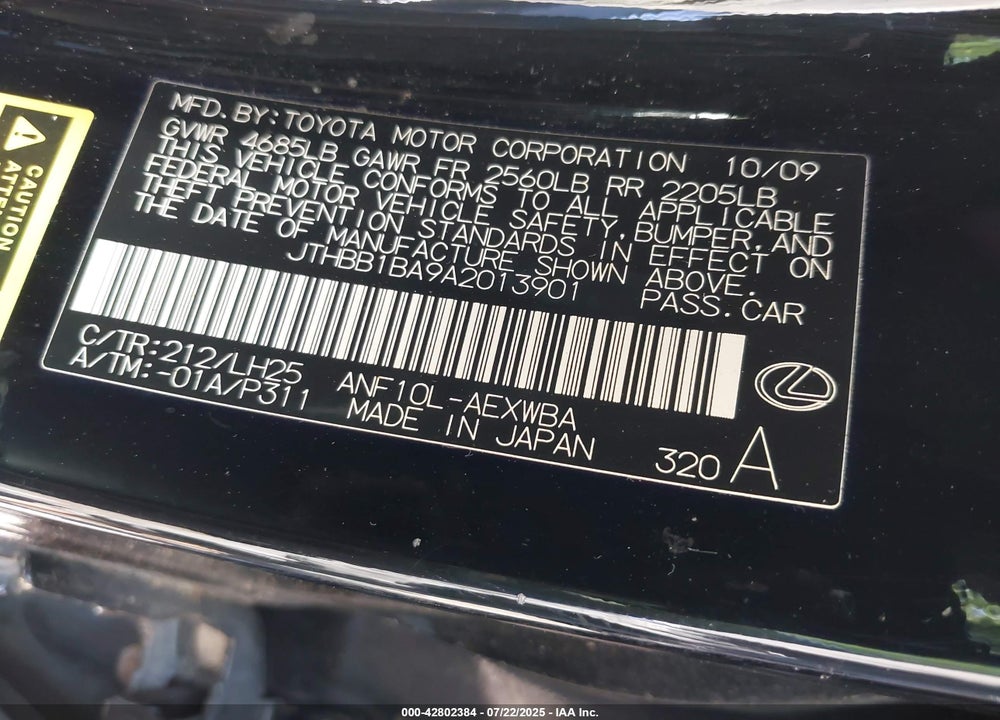 2010 LEXUS HS VIN: JTHBB1BA9A2013901