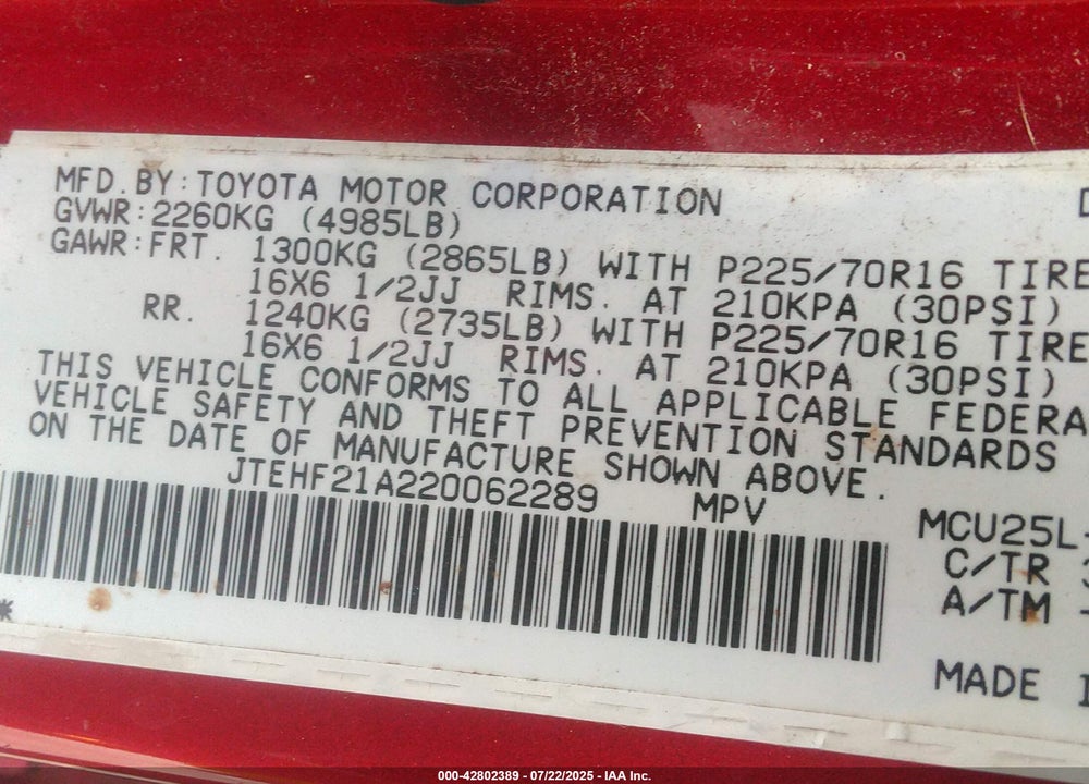 2002 TOYOTA HIGHLANDER VIN: JTEHF21A220062289