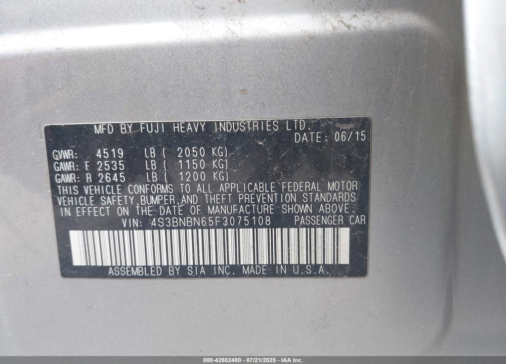 2015 SUBARU LEGACY VIN: 4S3BNBN65F3075108