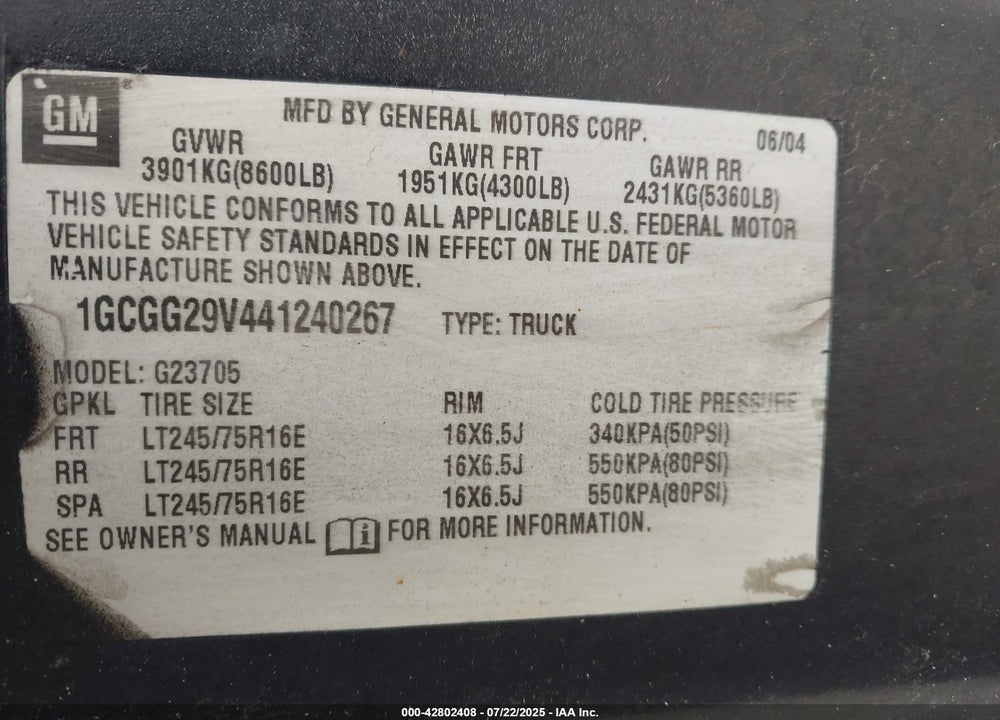 2004 CHEVROLET EXPRESS VIN: 1GCGG29V441240267