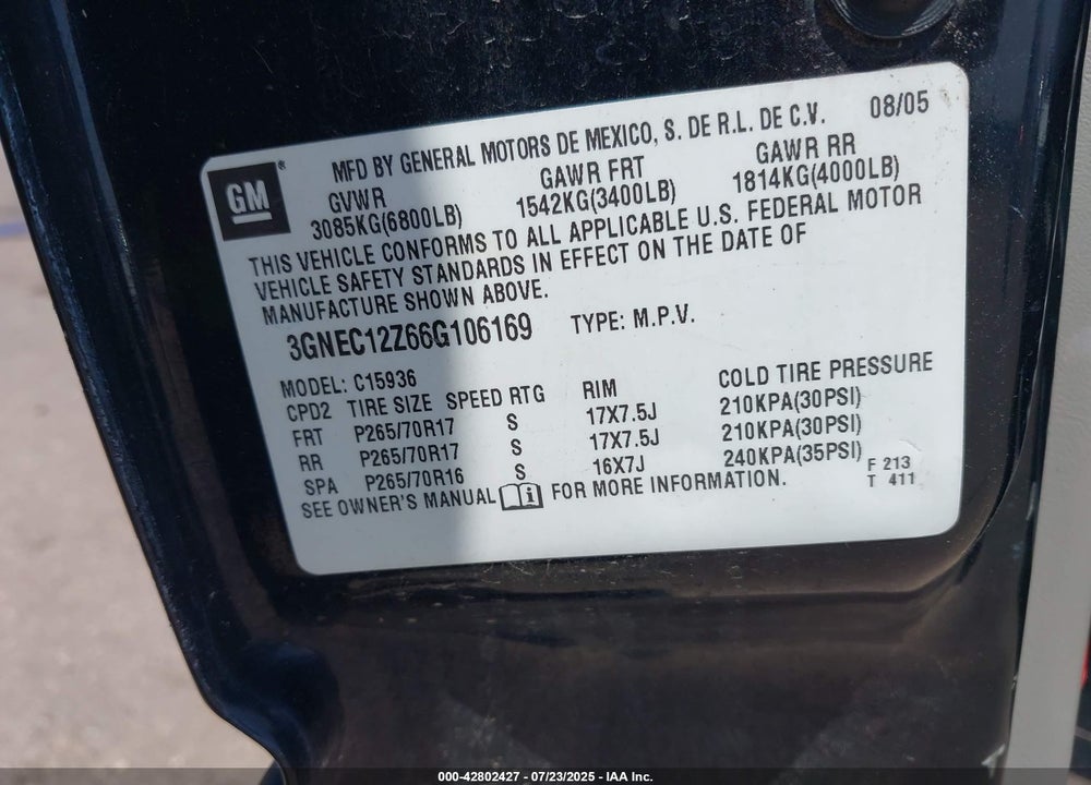 2006 CHEVROLET AVALANCHE 1500 Z66 VIN: 3GNEC12Z66G106169