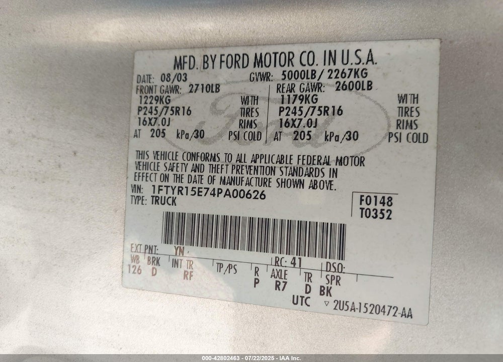 2004 FORD RANGER XLT VIN: 1FTYR15E74PA00626
