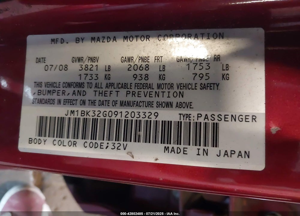 2009 MAZDA 3 I VIN: JM1BK32G091203329